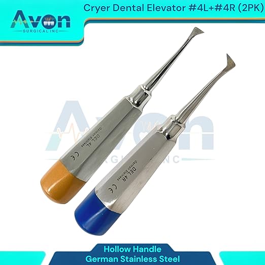 Root and Tooth Extraction Dental Cryer Elevator Pick, Sharp Angled Tip, Color-Coded Handle Ends | Autoclave-Safe German Stainless Steel Dental Instruments (2, #4L+#4R Cryer - Set)