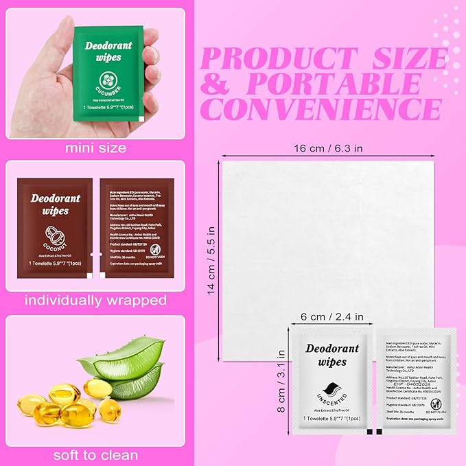 Travel Deodorant Wipes Individually Wrapped,Body Wipes to Clean Skin for Women Men（Lavender,Unscented, Coconut Cucumber,pack of 100)