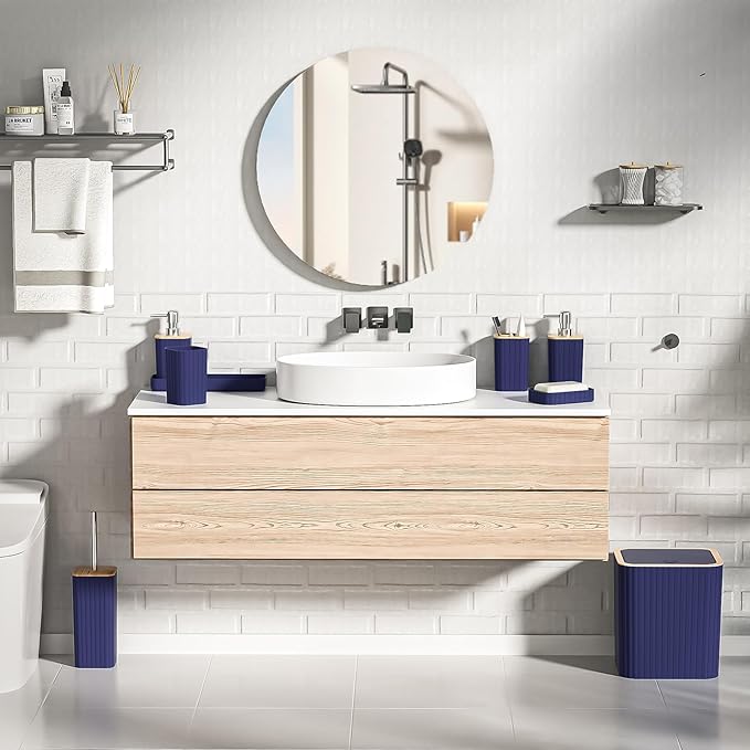 Bathroom Accessories Set - Elegant Blue Bathroom Set, 10PC Bathroom Accessory Set, Toilet Brush, Trash Can, Qtip Holder Dispenser & Soap Dispenser