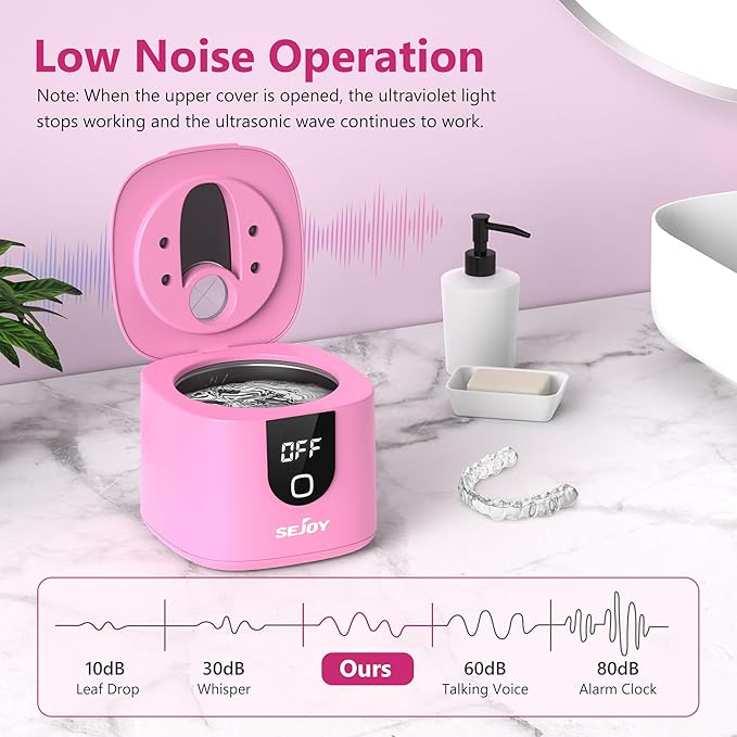 Sejoy 45kHz Ultrasonic Retainer Cleaner, U-V Double Denture Cleaning Machine with Digital Timer, Cleaner for Braces, Mouth Guards, Rings, Toothbrush