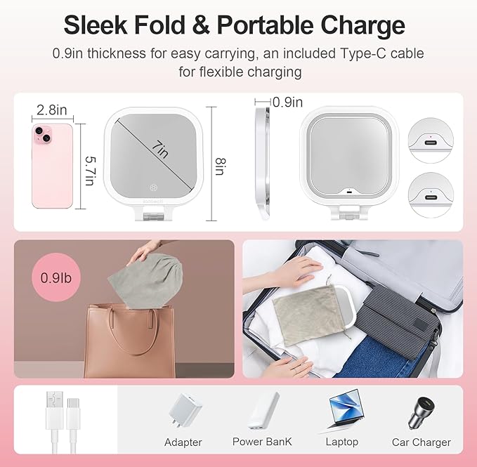 ION iontech Vanity Mirror with Lights,1x/10x Magnifying Glass,2500mAh Battery Double Sided Vanity Mirror,7in Makeup Mirror with 3 Color Light,Brightness Adjustment Memory,Folding Stand (Pink)