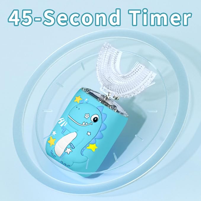 Kids Electric U Shaped Toothbrush,Kids Dinosaur Sonic Full Mouth Toothbrush with 4 Soft Brush Head Automatic 6 Cleaning Modes IPX7 Waterproof 360 Degree Cleaning - Age2-7 Blue