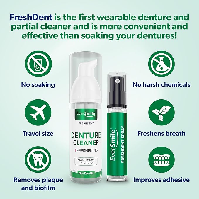 EverSmile FreshDent Denture and Partial Denture Cleaner + Teeth Whitening Spray – Travel Size Alternative to Cleaning Tablets That Eliminates Bacteria and Fights Bad Breath – 50ml + 10ml Pack