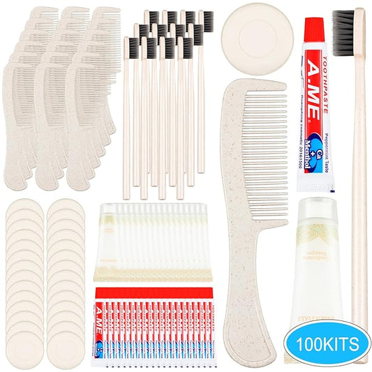 Panitay 100 Pack Travel Toiletry Kit Bulk Disposable Hygiene Kit Homeless Care Charity Supplies Include Toothbrush Toothpaste Comb Soap for Men Women Travel Homeless Charity