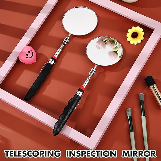 2 Pcs Telescoping Inspection Mirrors, Mechanics Mirror Tool with Long Handle, Round Extendable Mirror on a Stick for Technicians Mechanics Contractors Checking Observation(85mm,Black)