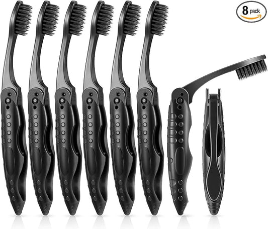 Boao 8 Packs Travel Toothbrushes Individually Wrapped Black Folding Toothbrush for Travel Camping Portable Charcoal Toothbrush with Soft Medium Bristles