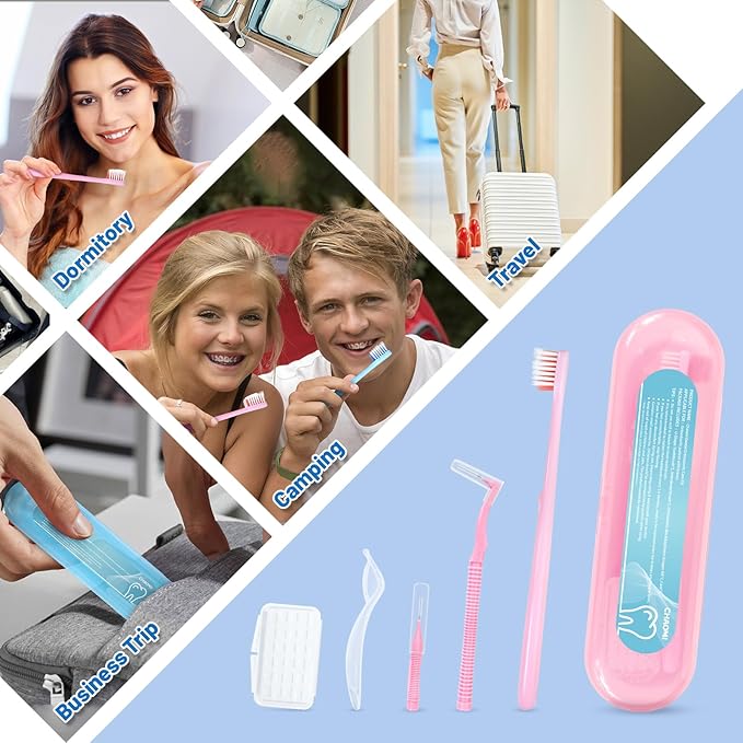 Orthodontic Care Travel Kit | V-Shape Toothbrush with Soft Bristles, Interdental Brushes, Orthodontic Wax, and Breathable Case | Portable Dental Kit for Braces and Aligners（BLUE）