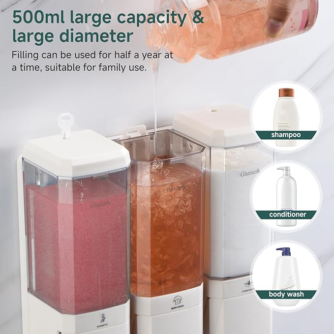 Shampoo and Conditioner Dispenser 3 Chamber No Drill Shampoo Dispenser for Shower Wall Mounted Shower Soap Dispenser 3 * 500ml Refillable Shower Dispenser for Bathroom Hotel(Cream White 3 Chamber)