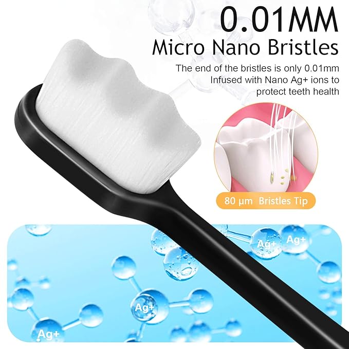Adult Extra Soft Toothbrush with 20000 Soft Bristles, (Pack of 6) Micro Nano Manual Toothbrushes for Protect Sensitive Gums, Black/White