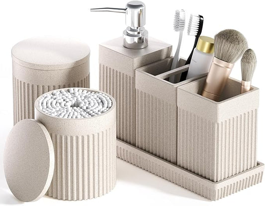 6-Piece Beige Bathroom Set - Sleek Resin Bathroom Accessories Set with Soap Dispenser, Toothbrush Holder, Vanity Tray, Tumbler & Apothecary Jars for Small Spaces