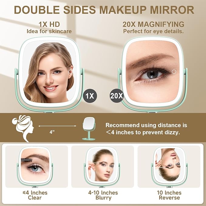 Mocado Makeup Mirror with Lights, 1X/20X Magnifying Mirror with Light, Vanity Mirror with 3 Colors Lights, Height Adjustable Lighted Makeup Mirror, Double Sided 360°Rotation, Memory Function (Green)