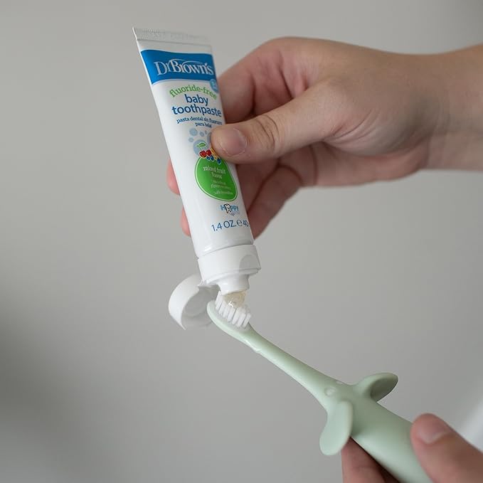 Dr. Brown’s Infant-to-Toddler Training Toothbrush Set, Mint Elephant with Fluoride-Free Strawberry Baby Toothpaste, 0-3 years