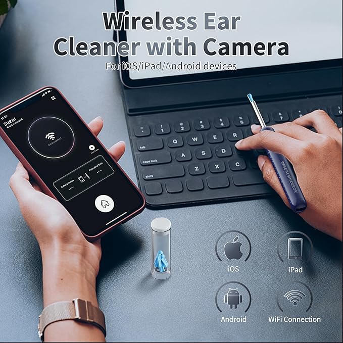 Ear Wax Removal, Ear Cleaner with Camera and Light, Ear Wax Removal Kit with 8 Pcs Set, Ear Wax Removal Tool Camera with 1080P, Ear Cleaning Kit with 6 Spoons, Ear Camera for iOS & Android (Blue)