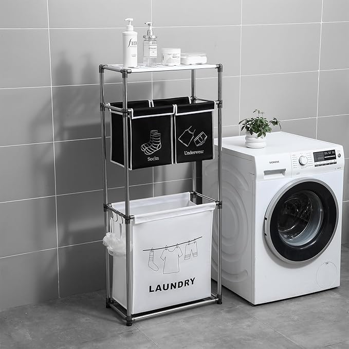 2-3 Tier Laundry Hamper with Removable Fabric Bins, Freestanding Laundry Sorter Organizer with Hooks, Foldable Sorting Basket for Bedroom, Bathroom & Dorm (3-Tier)