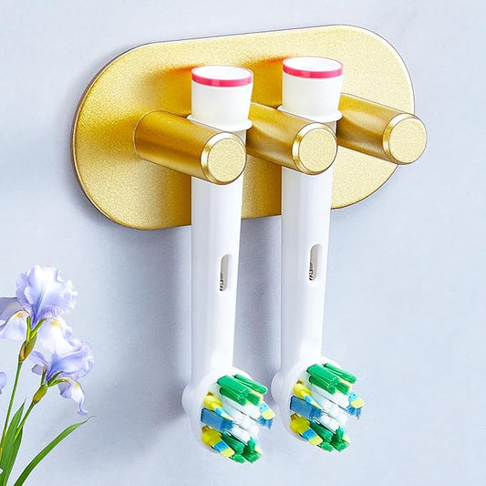 Electric Toothbrush Head Holder, Toothbrush Holders Wall Mounted, Adhesive Tooth Brush Head Holder Organiser, Electric Toothbrushs Holder, Shower Tooth Brushing Holder (Gold, Small)