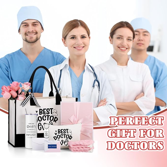 Geiserailie 8 Pcs Christmas Doctor Gifts for Women Including Large Tote Bag Cosmetic Bags Tumbler Cup Plush Socks Metal Keychain Card and Envelope for Doctor Thank You Gifts