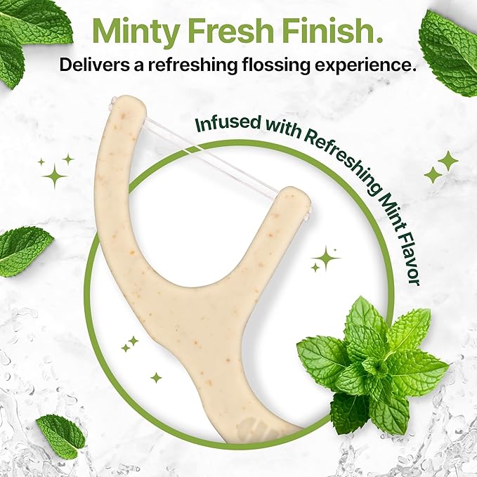 Double Thread Biodegradable Floss Picks (200-Count) - Mint Flavoured Eco-Friendly Plant-Based Dental Flossers for Tight Teeth - Plastic-Free Floss with Ergonomic Design for Sensitive Gums