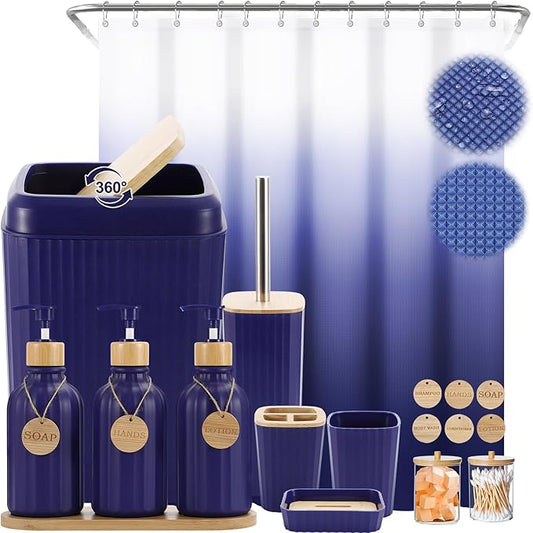 30PCS Navy Blue Bathroom Accessories Set with Waffle Shower Curtain,Trash Can,3PCS Lotion Soap Dispenser, Toothbrush Holder, Soap Dish,Tumbler Cup,6PCS Wood Tags Bath Accessories with Tray