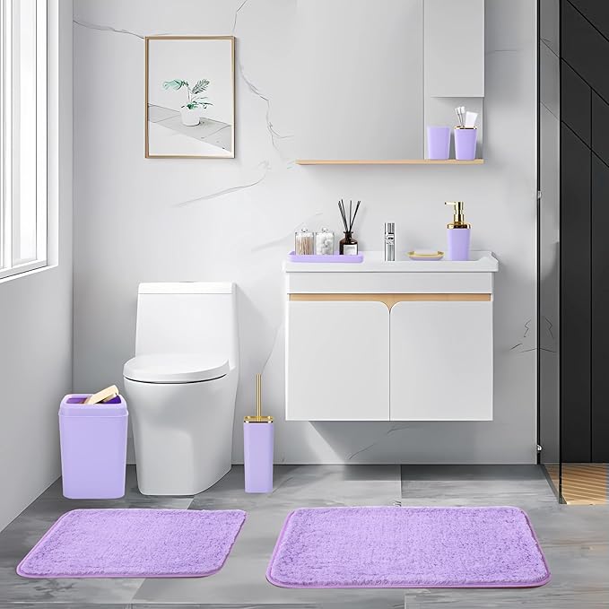 Bathroom Set - Purple Bathroom Sets with Shower Curtain and Rugs, 24PCS Shower Curtain Set with Hooks, Soap Dispenser, Soap Dish, Toilet Brush Holder and Trash Can for Housewarming