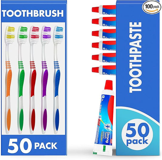Urban Essentials Bulk Toothbrush(50) Bulk Toothpaste(50) Pack with Covers Premium Quality Individually Wrapped Colorful Toothbrushes Medium Soft Toothbrush Hygienic Cap for Donations, Travel, Hotels