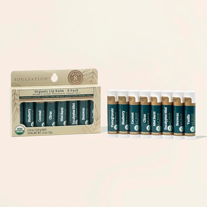 Organic Lip Balm Set, 8 Flavors - Moisturizing for Cracked & Dry Lips, For Men & Women (Pack of 2)
