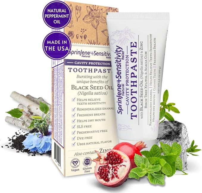 SprinJene Natural Sensitivity Relief, Fluoride Toothpaste for Sensitive Teeth (1 Pack) + Fluoride Free & Alcohol Free Mouthwash