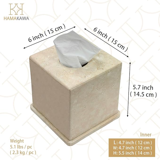 Natural Marble Tissue Box Cover, Beige Tissue Organizer 6 x 6 x 6 Inch, Heavy Stone Decorative Box, Square Tissue Box Holder for Home Decor, Kitchen, Bathroom, Bedroom
