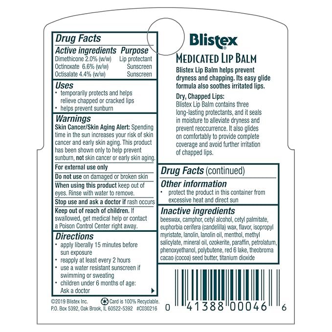 Blistex Medicated Lip Balm, 0.15 Ounce, 3 Count (Pack of 2) Prevent Dryness & Chapping, SPF 15 Sun Protection, Seals in Moisture, Hydrating Lip Balm, Easy Glide Formula for Full Coverage