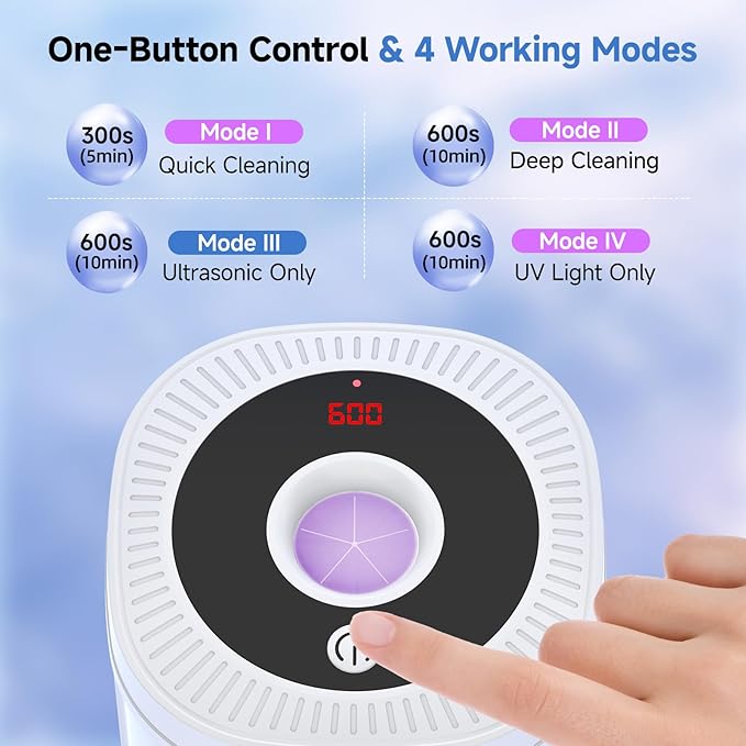 Ultrasonic Retainer Cleaner Machine, 45kHz Dental Cleaning Pod for Denture, Aligner, Nightguard, Mouth Guard, Toothbrush, Jewelry, with Digital Timer, 200ML & 4 Modes for All Dental Appliances