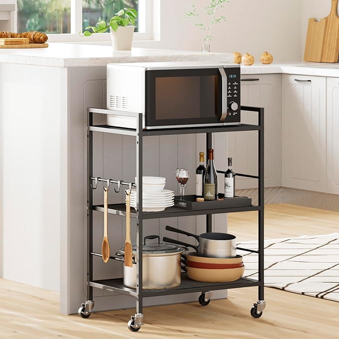XIVIRACK 3-Tier Metal Storage Rack with Industrial Wheels,Mesh Shelving Unit with Wooden Table top,Adjustable Shelf,23.6-Inch Width,15.8-Inch Depth, for Kitchen, Laundry,Pantry,Plant,Black panel
