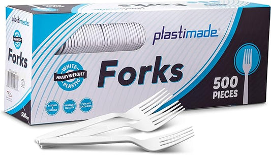 500 Count Extra Heavy duty Plastic Forks, Disposable White Fork, Heavyweight Bulk Cutlery for Dinner, Events, Catering, Parties & Takeout