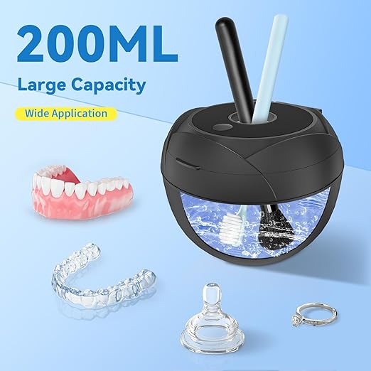Ultrasonic Retainer Cleaner Machine 45khz Cleaning Pod for Denture Cleaner 200ml Mouth Guard, Aligner, Night Guard, Toothbrush, Jewelry, 4 Cleaning Modes Digital Timer, Gifts for Women, Black