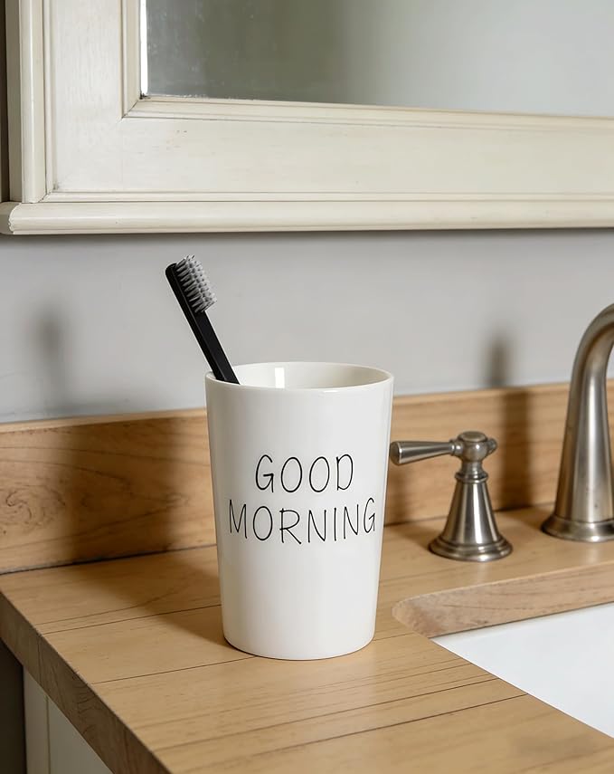 Kelake White Ceramic Tumbler Cup for Bathroom Toothpaste Toothbrush Holders Water Milk Drinks Cup 350 ml Bathroom Good Morning Couples Cup for Christmas Birthday