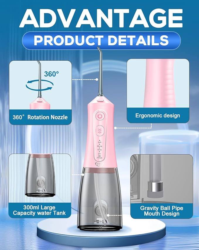 JTF Water Dental Flosser Picks for Teeth - 4 Modes Cordless Oral Irrigator, 300ML Portable Water Flosser & Rechargeable IPX7 Waterproof Water Teeth Cleaner for Home Travel with 9 Jet Tips (Pink)