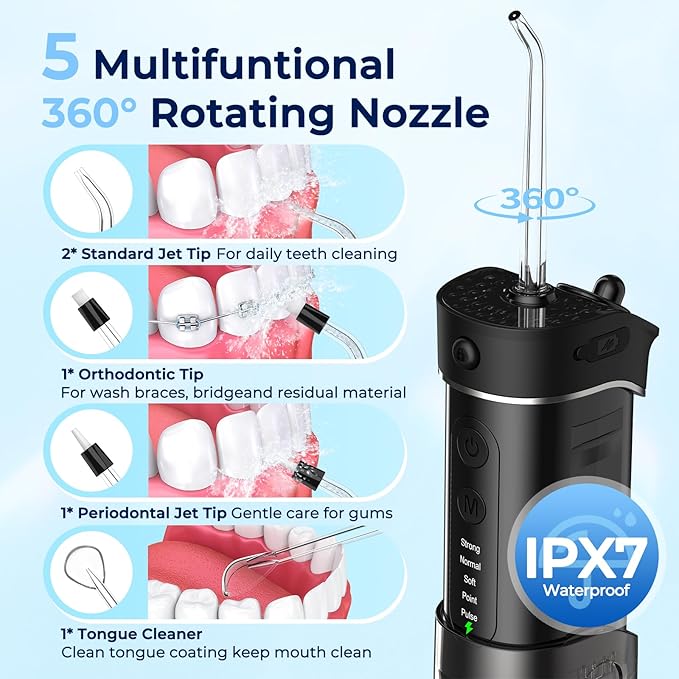 Portable Travel Water Flosser for Teeth – FOMIS Mini Water Flosser with 5 Mode, 5 Nozzles, 180ML Collapsible Tank, Smart Timer, IPX7 Waterproof Cordless Oral Irrigator for Brace & Sensitive (Black)