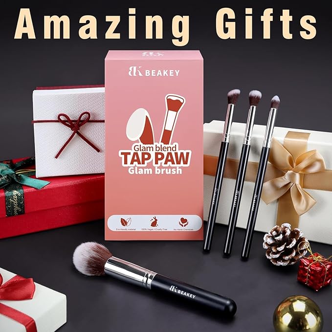 BEAKEY Makeup Brushes Set, Professional Foundation Eyeshadow Concealer Blush Powder Bronzer Applicator, 2 Blender Sponge with Beauty Paper Case stocking stuffers for women