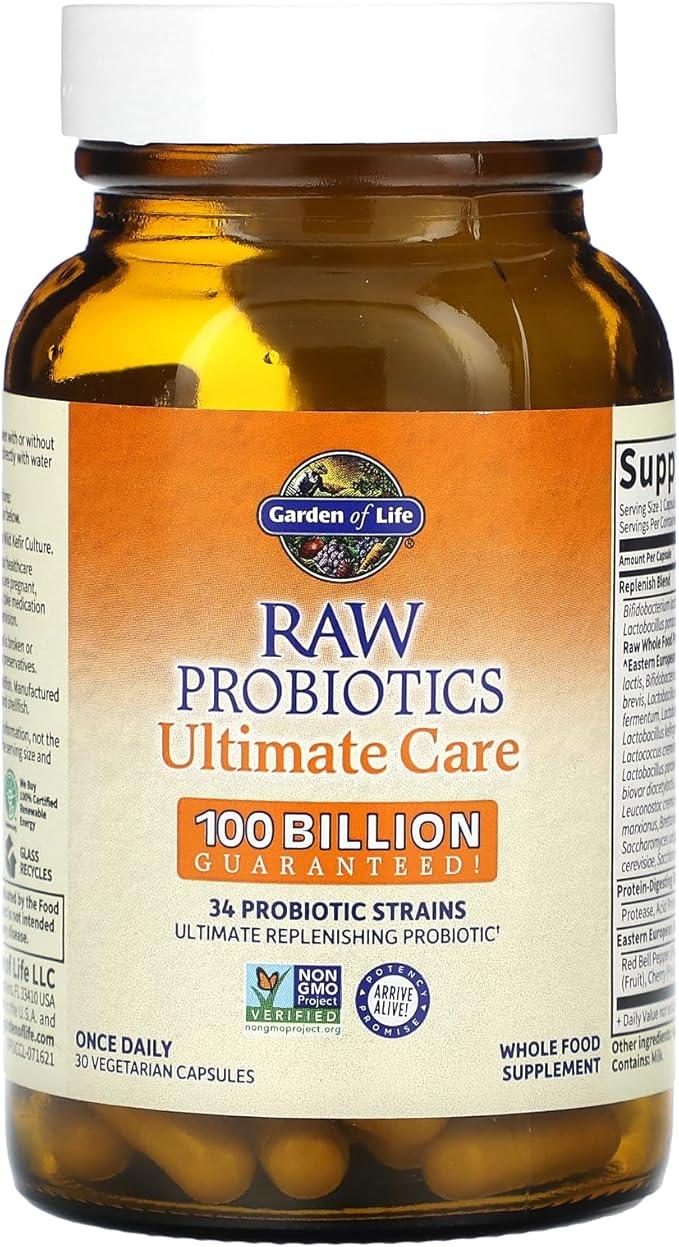 Garden of Life Probiotics for Women and Men - Raw Probiotics Ultimate Care 100 Billion CFU Probiotic Supplement, Daily Probiotic for Adults with Digestive Enzymes, 30 Capsules