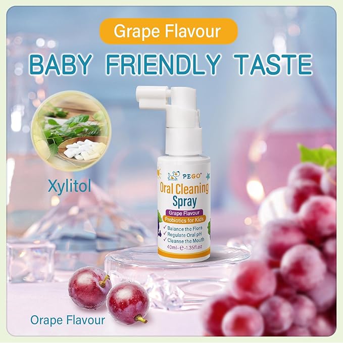 PEGO Kids Oral Spray - Toddler Toothpaste Helper for Fresh Breath, Fruit-Flavored, Probiotic Mouth Spray，Fluoride Free for Newborn to 12 Years(40ml*1, Grape)