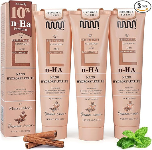 MasterMedi Nano Hydroxyapatite Toothpaste (Inspired by 10% nHA Formulas), Fluoride-Free, Whitening & Sensitivity Relief, Enamel Repair Support, SLS-Free, Xylitol, Mint & Cinnamon 4 Oz (Pack of 3)