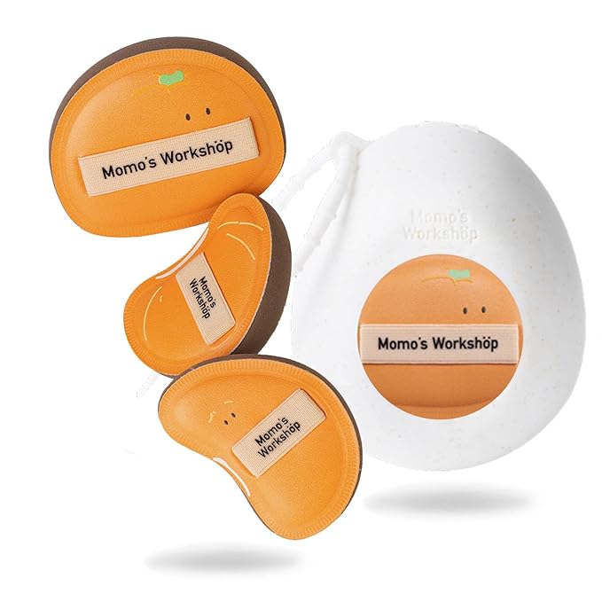 Momo's Workshop Orange Makeup Sponge Set (3pcs) – Large Soft Bounce & Small Firm Bounce PU Leather Puff, Rubycell Blender Sponge for Liquid & Cream Makeup & Storage Case