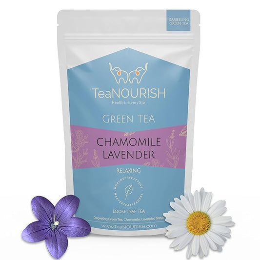TeaNOURISH Chamomile Lavender Green Tee | Loose Leaf Tee| Calming & Relaxing Chamomile Sleep Tee| Bedtime Tee| 100% NATURAL | Brew Hot or Iced Tea - 3.53oz/100g