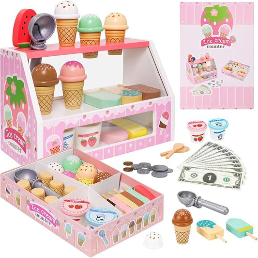 Wooden Ice Cream Toys for Kids Ice Cream Counter Shop for Toddlers Pretend Play Food Scoop and Serve with Scoop & Menu & Fake Money for Boys and Girls Ages 3 4 5 6 (Pink)