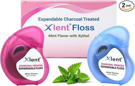 Expandable Floss Treated with Activated Charcoal with Xylitol and Natural Plant Based Wax |Fresh Mint Flavor | PFAS & PTFE Free |50 Meter x 2