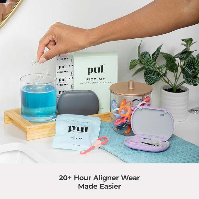 PUL Clear Aligner & Retainer Case – for Invisalign, Partial Dentures, Mouth & Night Guards, PUL Removal Tool, Dental Removables – Plastic Holder w/Secure Magnet Closure, Sleek & Slim Design – Purple