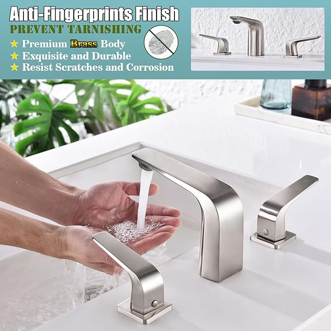 TOCALOCA Widespread Bathroom Faucet 3 Hole Bathroom Sink Faucet Brushed Nickel 2 Handles Vanity Faucet Brass, Anti-Fingerprint Modern Bathroom Basin Faucet