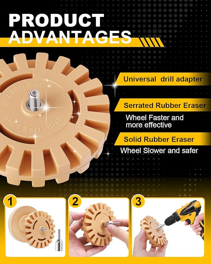 Eraser Wheel for Drill, Sticker Remover Tool for Automotive Car Sticker, Vinyl, Rv, with Plastic Scraper, Scraper Tool, Serrated&Solid Eraser Wheel - 12Pcs