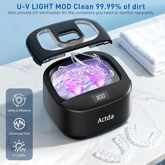 Ultrasonic Retainer Cleaner, Upgraded Wireless Professional Sonic Dental Cleaning Machine, Dental Cleaning Pod Night Guard Cleaner for Dentures, Retainers,Aligner, Mouth Guards, Jewelry, Black