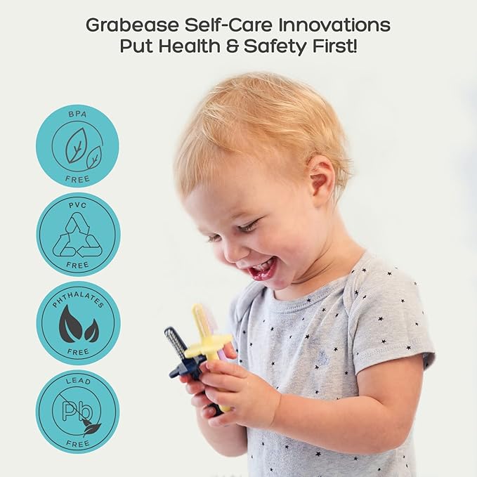 grabease Toddler Toothbrush - Double-Sided Soft Silicone Bristles & Anti-Choke Shield - Baby Toothbrush & Finger Brush for 12+ Months - Navy, 1 Count