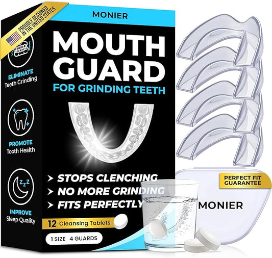 Mouth Guard for Grinding Teeth at Night | Dental Night Guard for Clenching & Better Sleep | 4 Moldable Mouthguards with 12 Cleansing Tablets