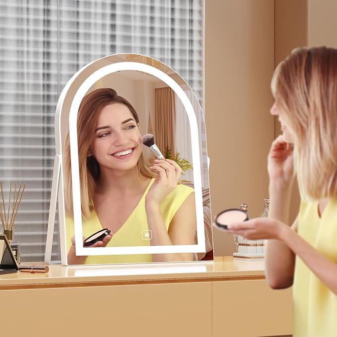 Vanity Mirror with Lights, 16" Light Up Makeup Mirror, LED Makeup Mirror with Lights for Bedroom Tabletop, Smart Touch Control 3 Colors Dimmable, 360° Rotation Gold